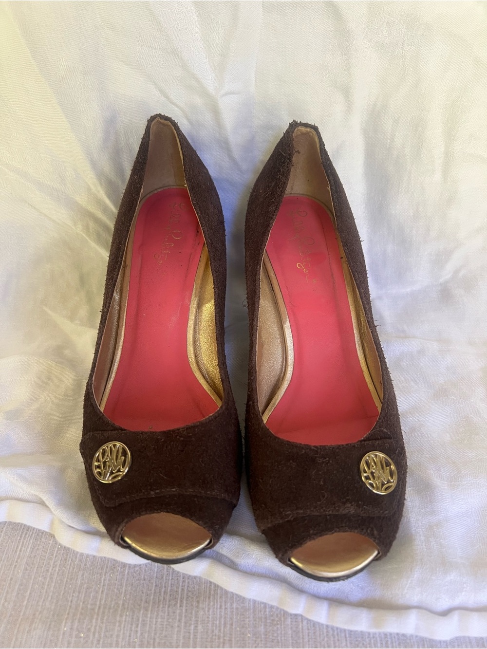 Lilly Pulitzer Brown Suede Peep-Toe Heels with Gold Accents